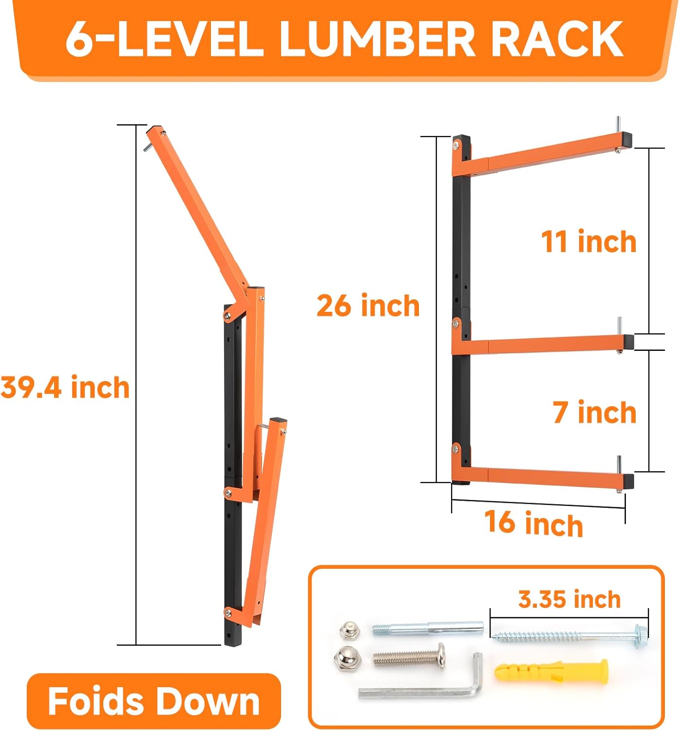 4 Pack Lumber Rack Wall Mount, Heavy Duty Wood Storage Racks, 6-Level System Organizer Shelving, 720 LBS Capacity Hanging Garage Shelves, Orange Brackets Utility Metal Shelf for Indoor and Outdoor