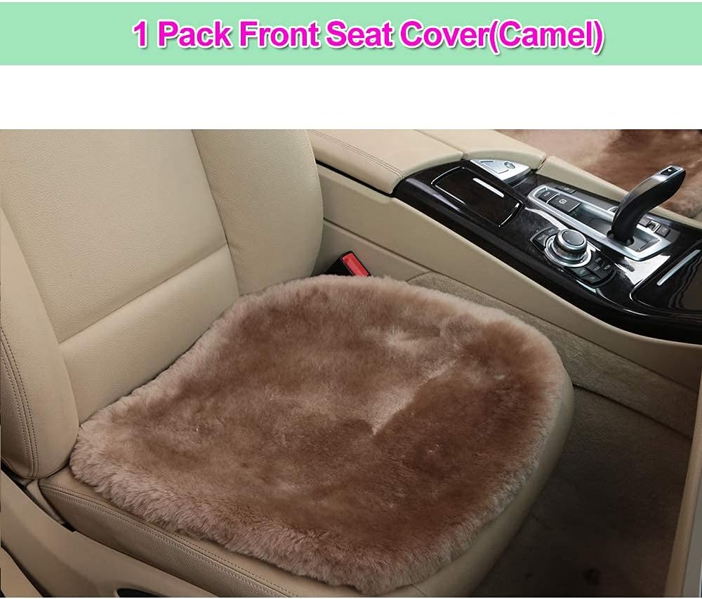 20 inchs Shearling Sheepskin Car Seat Cover, Fluffy Fuzzy Wool Car Seat Covers for Auto Interior Accessories with Soft Eco-Friendly Natural Fur Non-Slip (Camel, Front)
