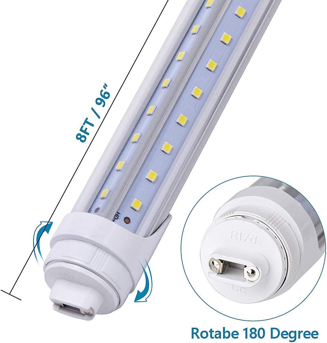 4 Pack, R17D/HO 8FT LED Bulbs - Rotate V Shape, 6000K Cold White 100W, 15000LM, 200W Equivalent F96T12/DW/HO, Clear Cover, T8/T10/T12 Replacement, Dual-End Powered, Ballast Bypass