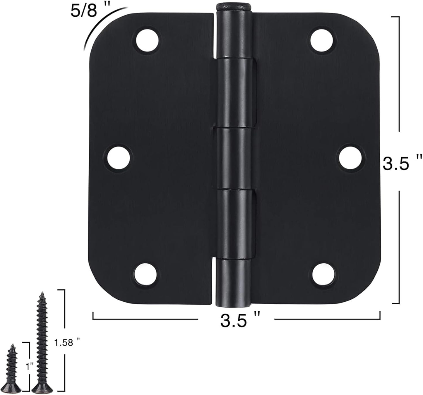 3 Pack Interior Matte Black Door Hinges Rounded 3.5 Inch x 3 1/2" Indoor Heavy Duty Metal Hardware Kits 3 ½" 5/8" Radius Office Flat Hinge for Bifold Doors Decorate Master Guest Bedroom Storage Room