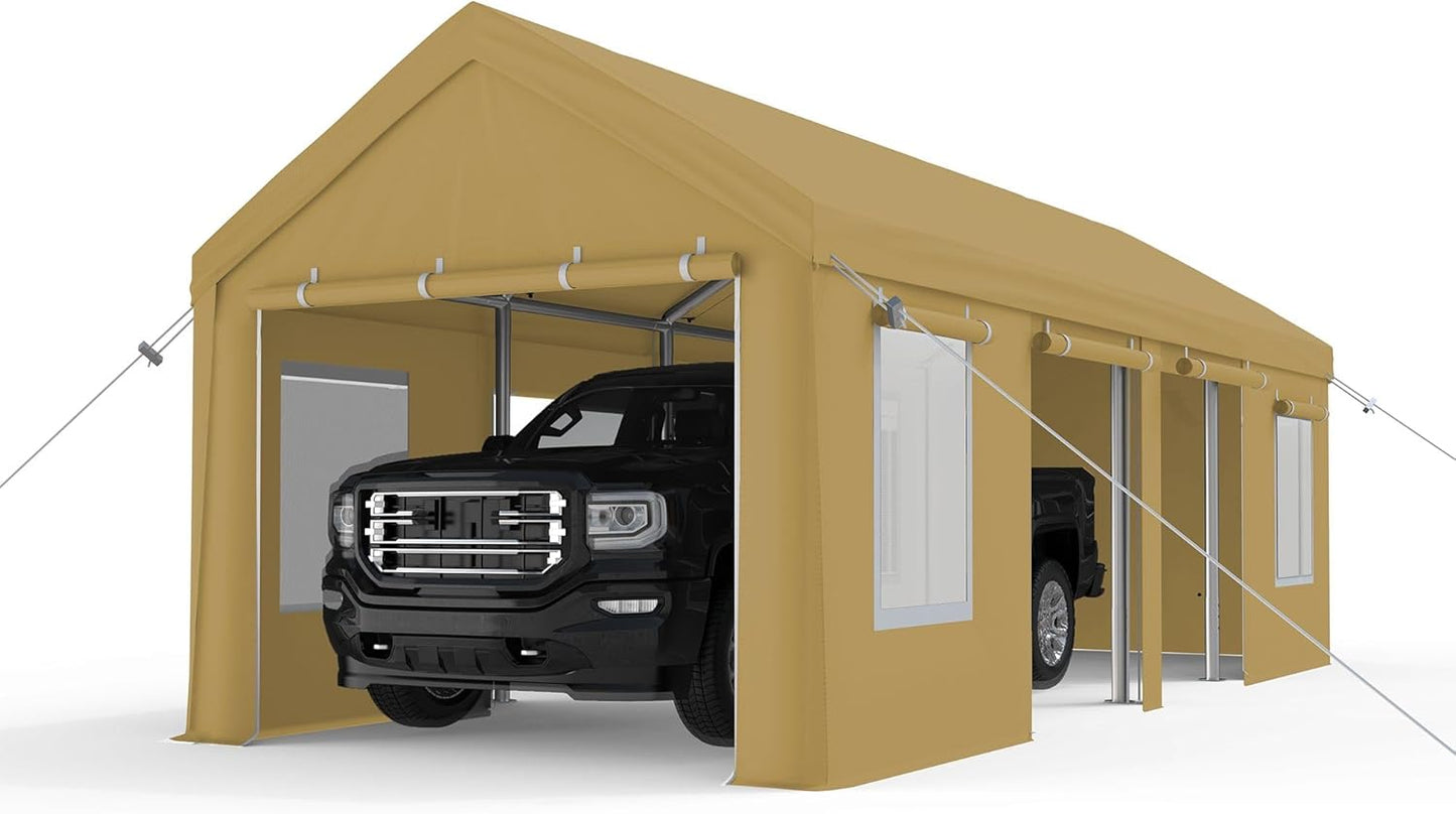 13x25ft Carport, Heavy Duty Carport with Reinforced Steel Poles, Upgraded Portable Garage with Doors & Window, UV Resistant All-Season Waterproof Tarp, for Car, Truck, Boat (Yellow)