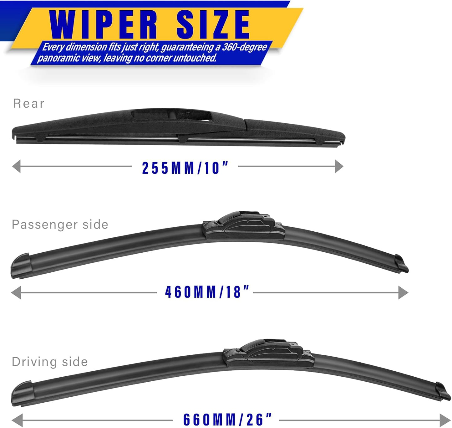 3 wipers Replacement for 2016-2020 2021 2022 Honda HRV HR-V, Windshield Wiper Blades Original Equipment Replacement - 26"/18"/10" (Set of 3) U/J HOOK