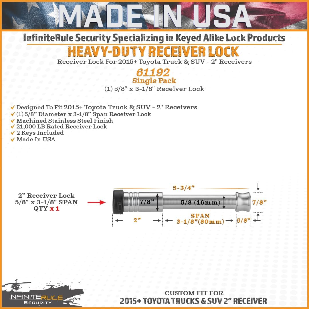 61192 | Single Pack, 2" Receiver Lock for 2015+ Toyota Tacoma, Tundra, & SUV