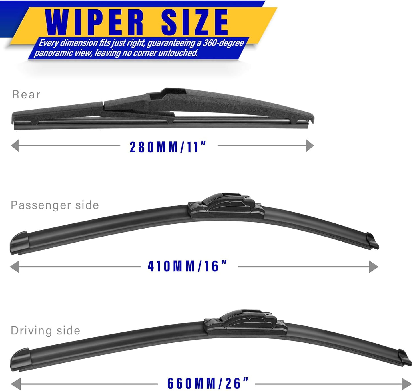 3 wipers Replacement for 2018-2023 Hyundai Kona/2019-2023 Hyundai Kona Electric, Windshield Wiper Blades Original Equipment Replacement - 26"/16"/11" (Set of 3) U/J HOOK