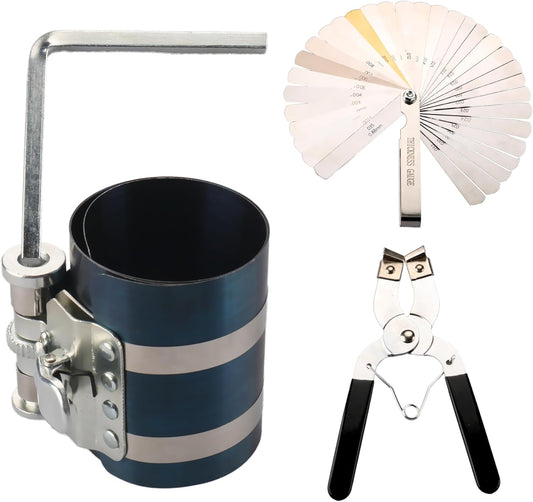 3 Inch Piston Ring Compressor Tool Car Engine Piston Ring Installer Removal Kit for Car Engine with Piston Installer Plier and Stainless Steel Feeler Gauge