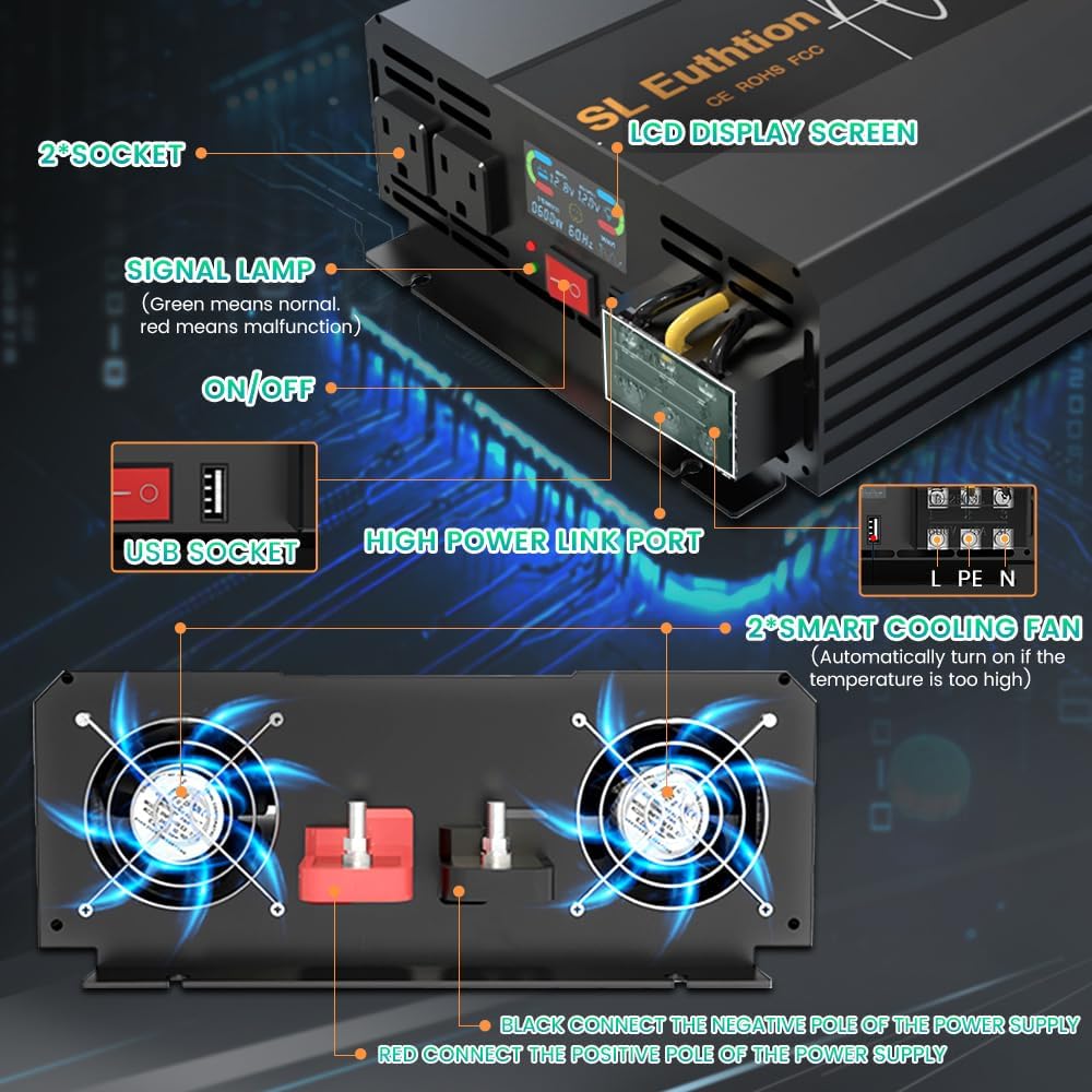 3000W/6000W(Peak) Pure Sine Wave Car Power Inverter 12V DC to 120V AC 60HZ with LCD Display, USB Port, Wireless Remote Control（10M) for Car Home Laptop Truck