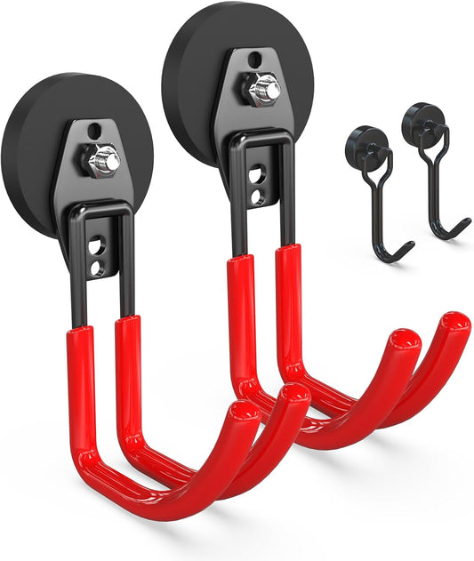 3-H Heavy Duty Magnet Garage Hooks 2 Pack, J Shape Strong Magnetic Hooks for Hanging Cordless Power Drill, Utility Magnetic Tool Holder for Metal Cabinet, Steel Pegboard, Toolbox, Garage(Red)