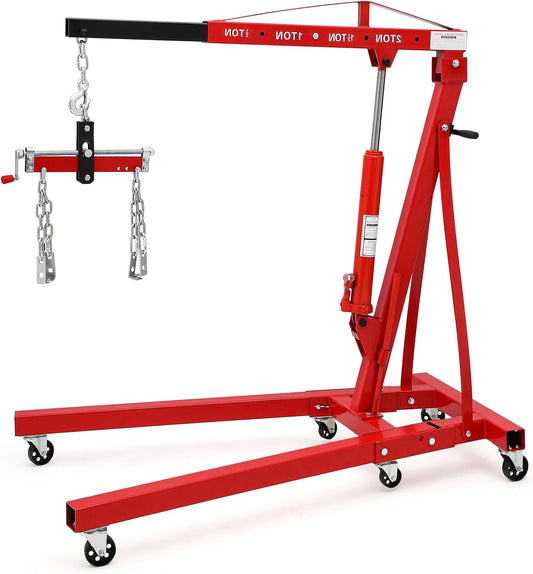 2 Ton Folding Engine Hoist with Lever, Cherry Picker Shop Crane Hoist Lift, 4400 Lbs Heavy Duty Steel Hydraulic Shop Engine Crane for Workshop and Garage, Red