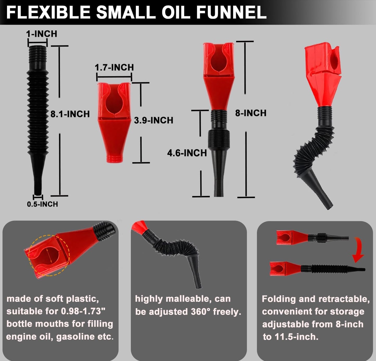 5Pcs Adjustable Oil Filter Pliers Set, Universal Oil Filter Removal Tool with Small Oil Funnel, 10" & 12" & 14" & 16" Oil Fliter Wrench From 1-1/4" to 8-1/2"