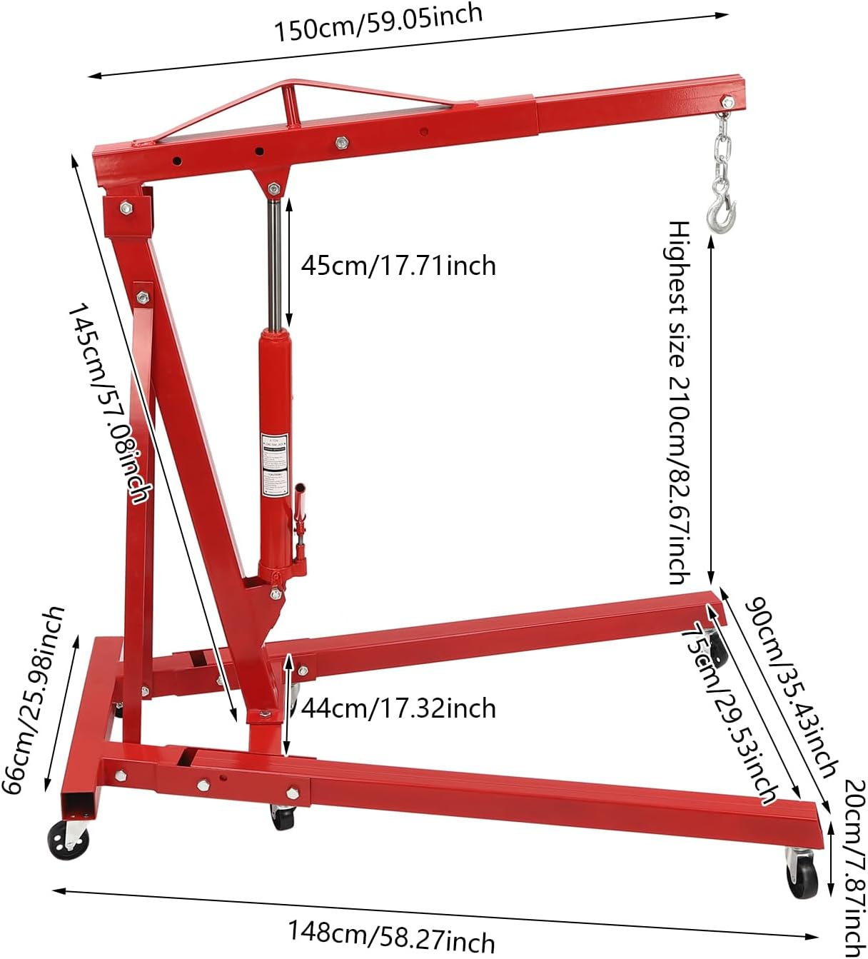 2 Ton(4409lbs) Folding Engine Hoist Heavy Duty Carbon Steel Hydraulic Shop Engine Crane Cherry Picker Shop Crane Hoist Lift with 6 Iron Caster Wheels for Car Fixing Workshop Garage (Red)