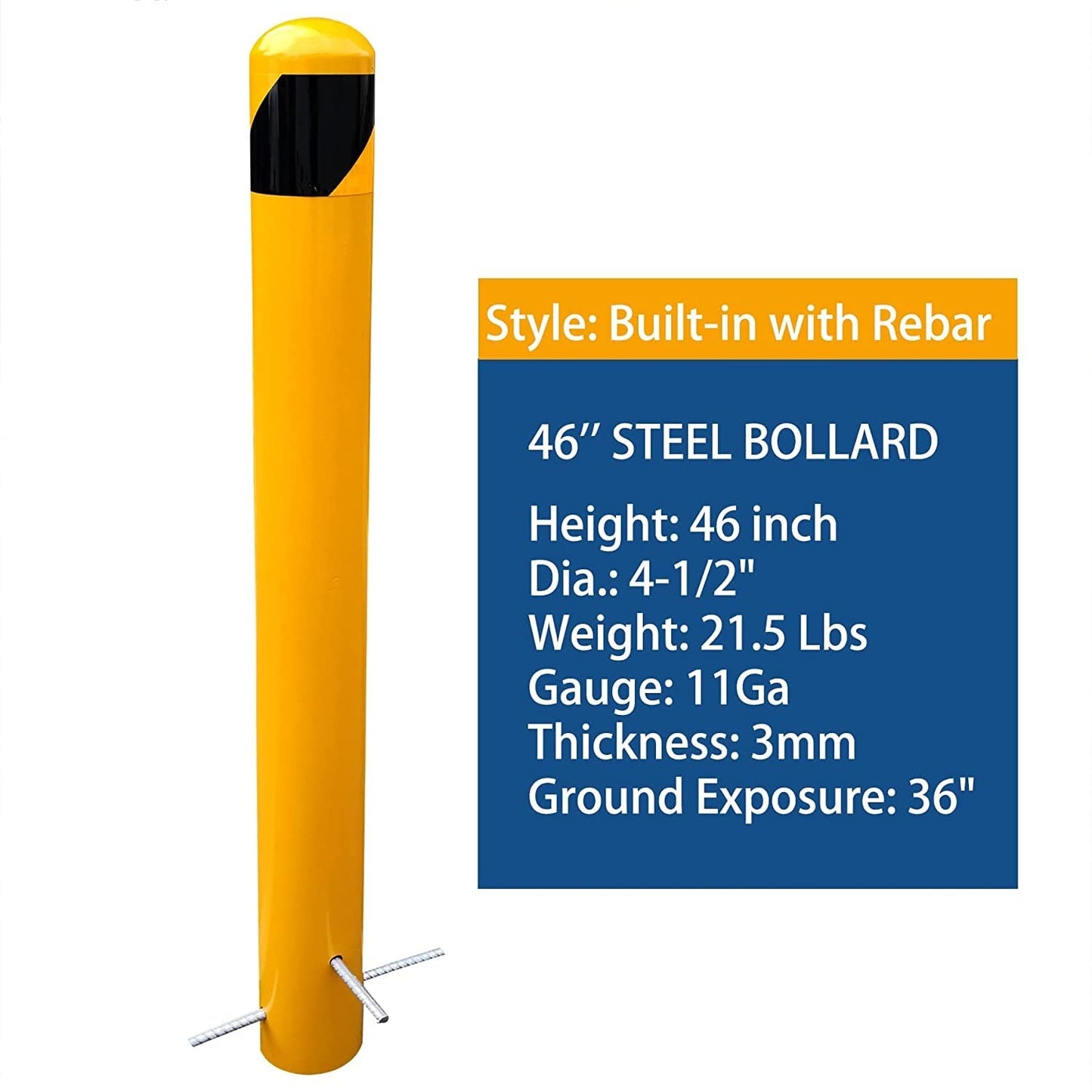 46" Pour in Place Steel Bollard Post, 4-1/2" OD Safety Bollard Yellow Powder Coat, Metal Bollard Parking, Driveway Barrier