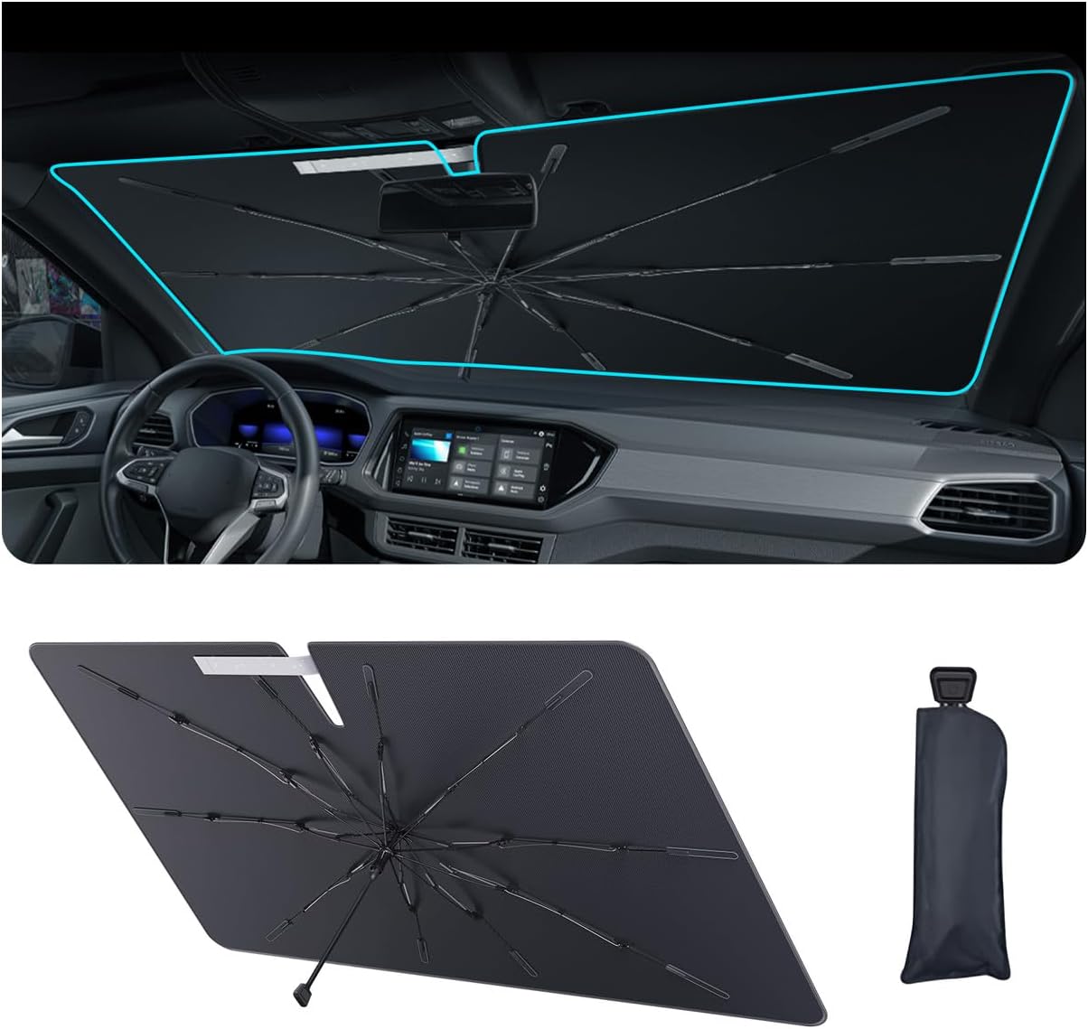 2025 Upgrade Car Windshield Sun Shade Windshield Sunshade Umbrella [Star Fabric] Protect Car from Sun Rays&Heat Damage Keeps Vehicle Cool, Spring Structure Edge Fits Sedans,SUVs,Trucks,Hatchbacks (S1)