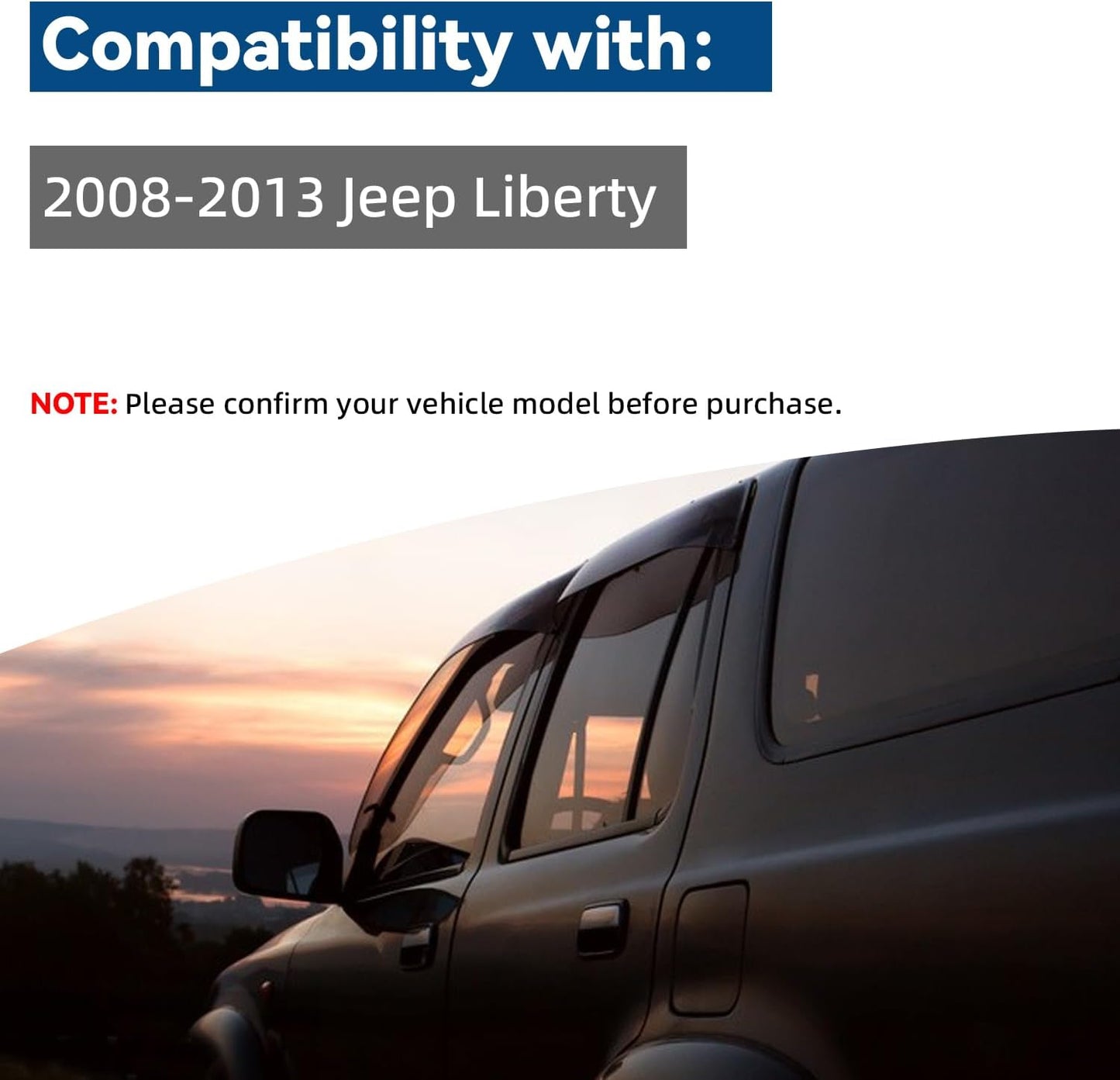 4pcs Front+Rear Smoke Tint Sun/Rain Guard Outside Mount Tape-On Vent Window Visors Compatible with 08-13 Liberty KK