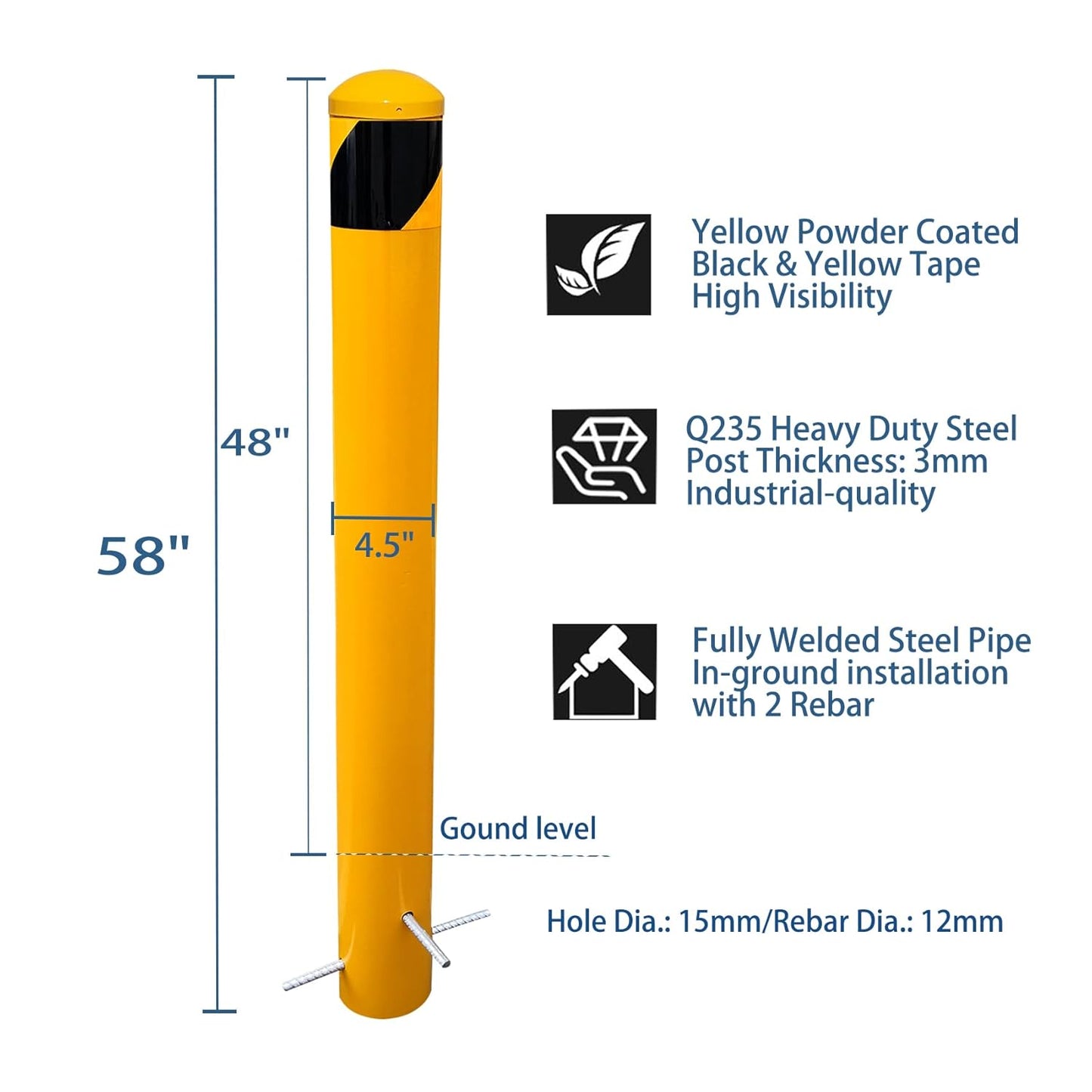 58" High 4-1/2" OD Steel Bollard Post Underground Mount, Cap Removable Safety Bollard Yellow Powder Coat, Metal Bollard Parking, Safety Barrier