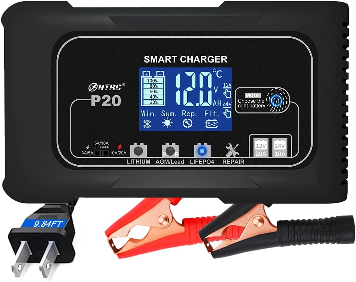 20Amp Lithium Battery Charger, 12V and 24V, Lifepo4, Lead-Acid (AGM/Gel/SLA.) Car Battery Charger, Maintainer Cycle Charger Trickle Charger Battery Desulfator for Boat, Motorcycle, Golf Cart