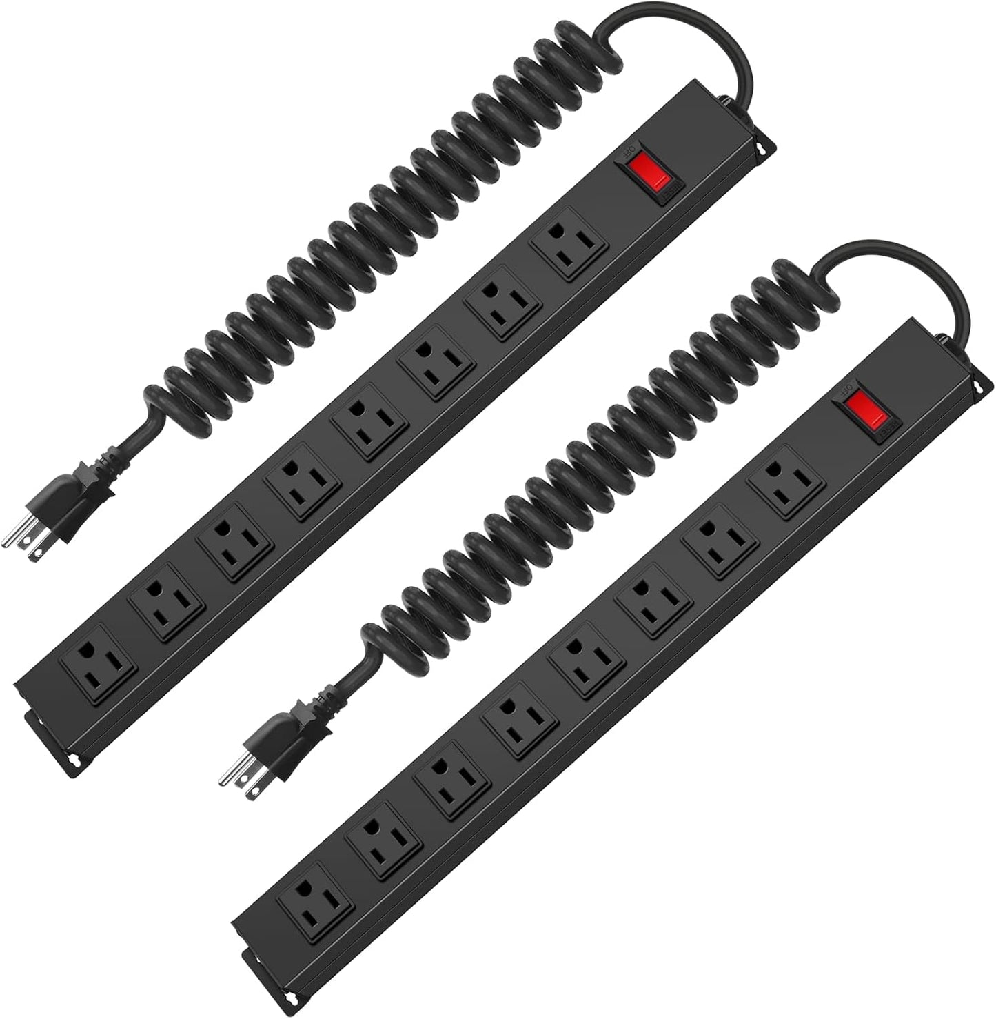 2Pack 8 Outlet Metal Wall Mount Power Strip, Mountable Outlet with Switch, Heavy Duty Wide Spaced Surge Protector, 6 FT SJT 14AWG Black Spring Cord.