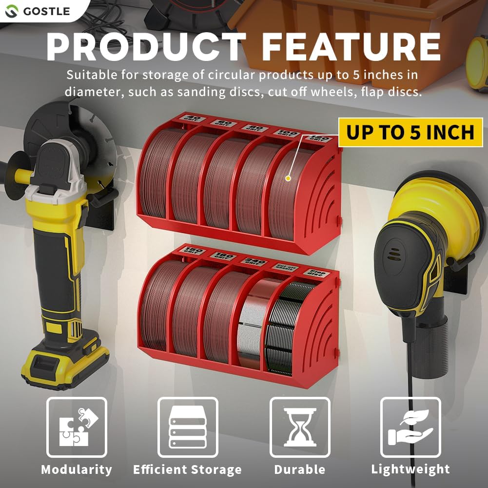 5 Inch Professional Sanding Discs Storage Bins - 6 Bins Set for Efficient Organization, Offset Snap-On Connection, Grit Classification, Space-Saving Design and Versatile Application, Red