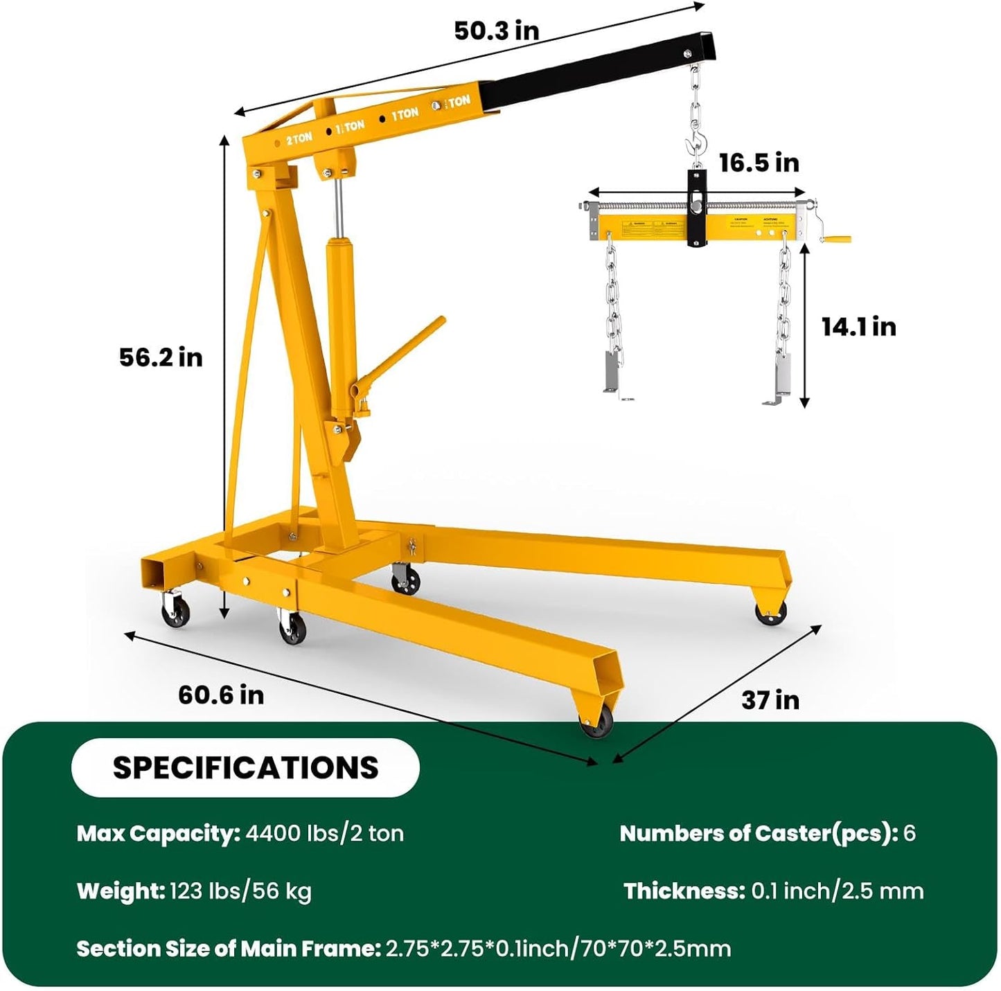 2 Ton Folding Engine Hoist, 4400lbs Hydraulic Cherry Picker Engine Hoist with 6 Casters, Heavy Duty Engine Lift for Garage, Workshop, Automotive Repair (Yellow)