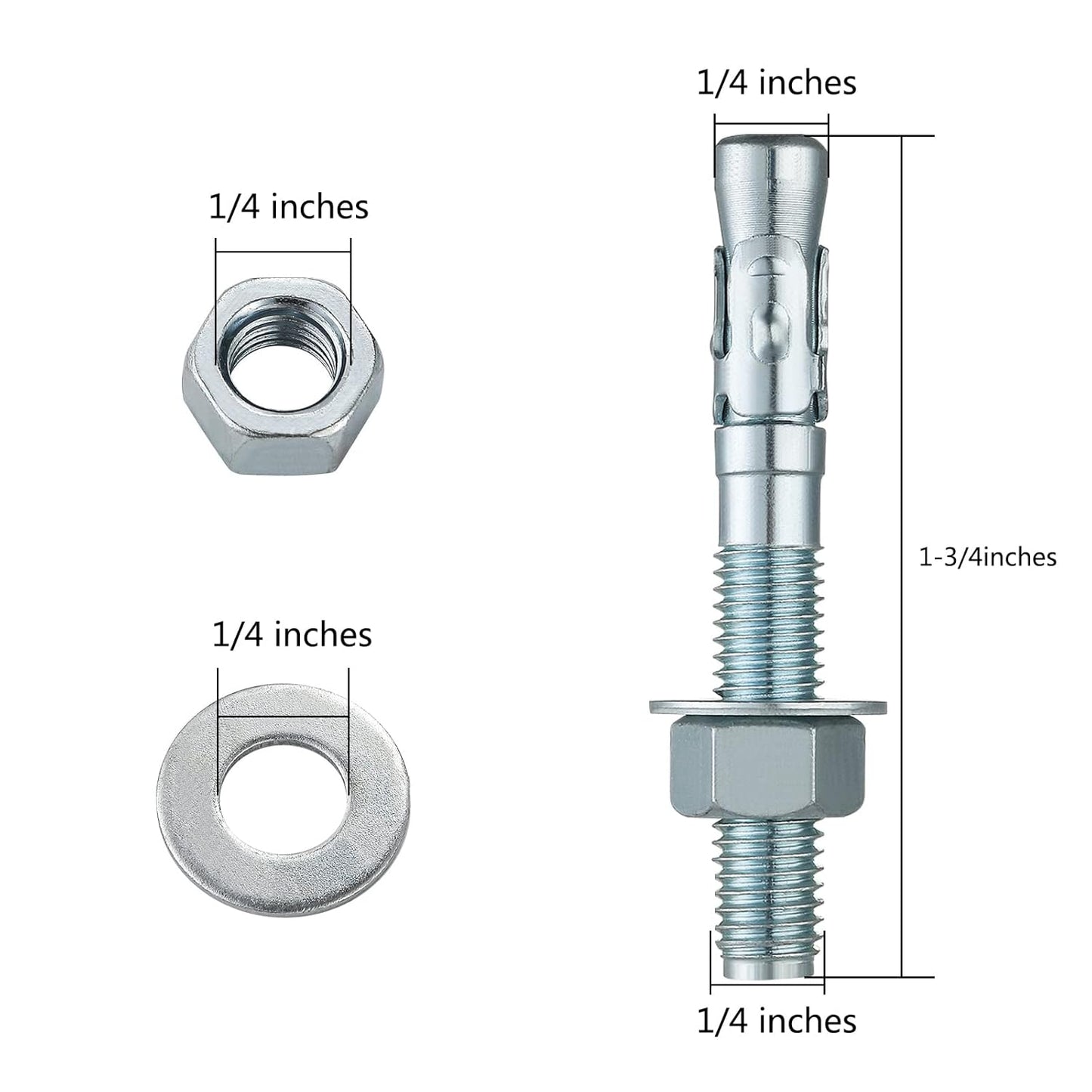 1/4x1-3/4 100Pcs Inch Standard Fasteners for Heavy-Duty Zinc Wedge Anchors for Cement and Concrete