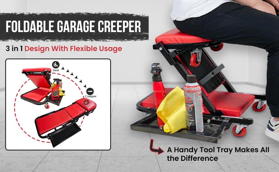 40" Mechanics Creeper Z fold with Side Tool Tray, 3 in 1 Low Profile,7pc-2.5" (360°) Swivel castors, Heavy Duty 450lb Laying Capacity 300lbs Seated, Home and Garage,