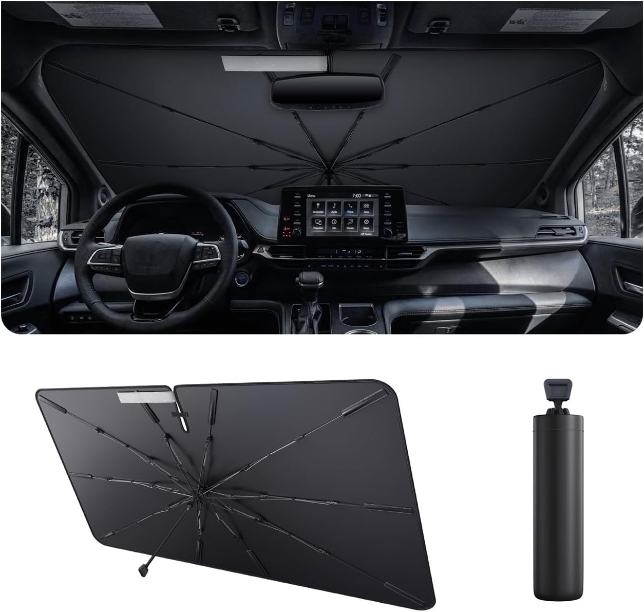 2025 Upgrade Car Windshield Sun Shade Windshield Sunshade Umbrella [Star Fabric] Protect Car from Sun Rays&Heat Damage Keeps Vehicle Cool, Spring Structure Edge Fits Sedans,SUVs,Trucks,Hatchbacks (L2)