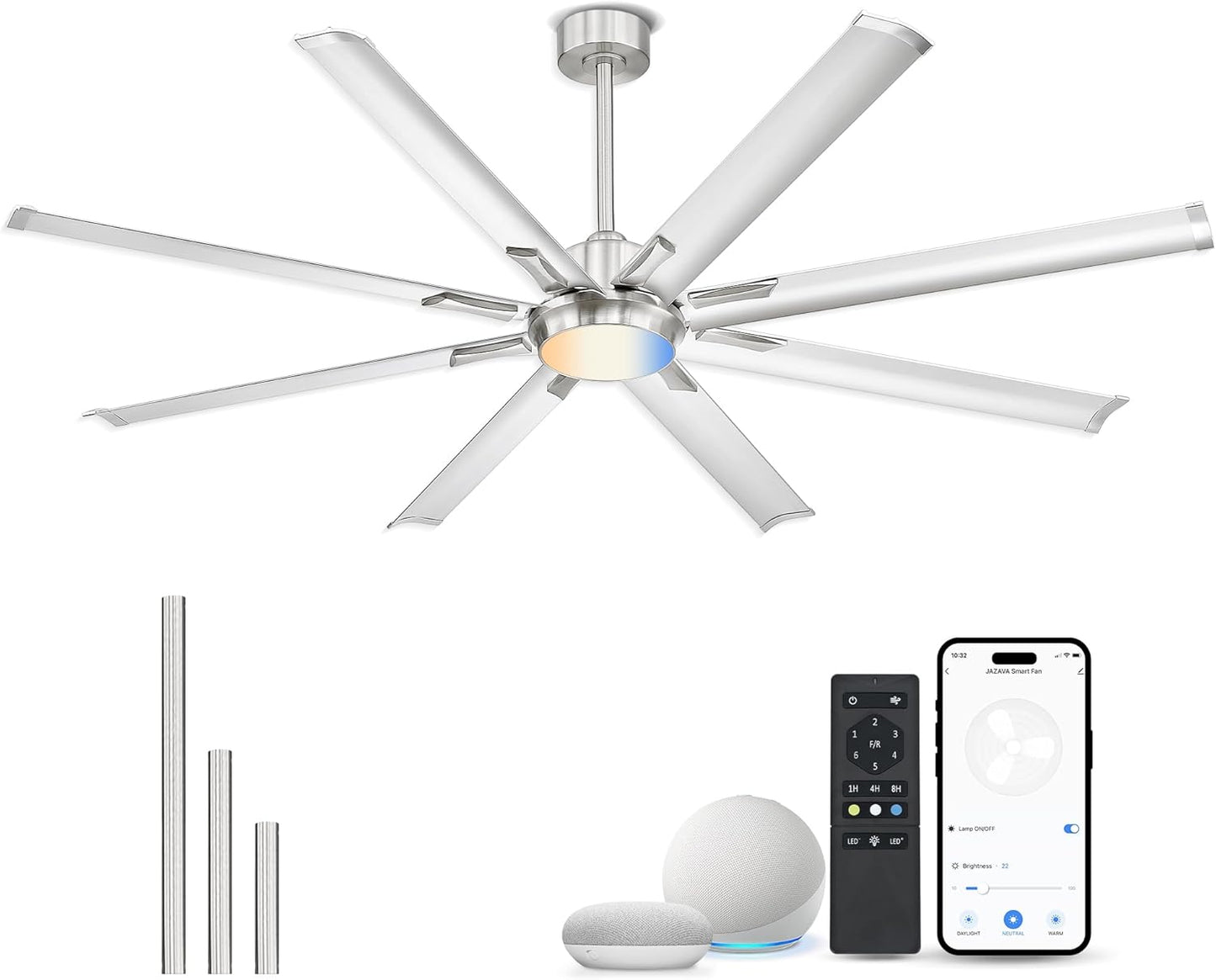 72 Inch Bruehed Nickel Ceiling Fan With Light,Smart Fan Work With Alexa,Industrial Ceiling Fan With 8 Aluminium Metal Blades,Ideal for Courtyard,Patio and Living Room,CF04BN-72