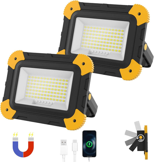 2-Pack Portable Flood Light, 4000mAh Magnetic Rechargeable LED Work Light Battery, 40W Outdoor Waterproof Work Lights Cordless 180° Rotate for Job Site Garage Camping Car Repair, Gifts for Men