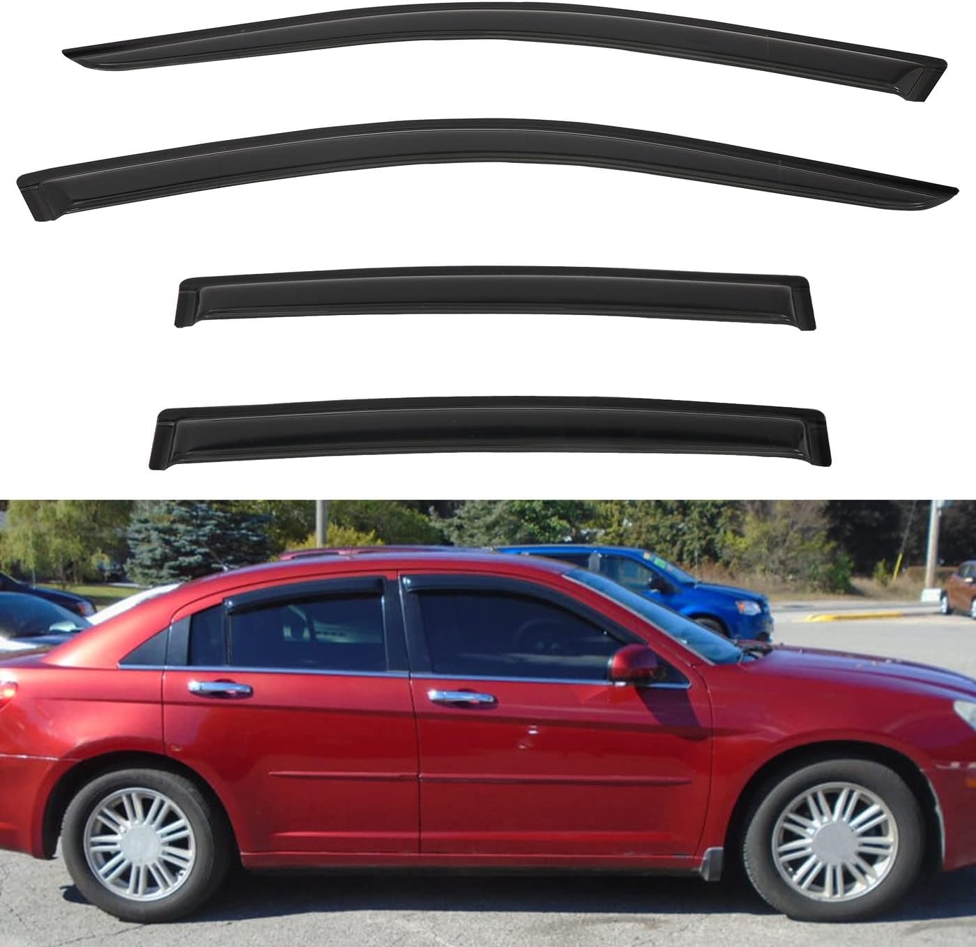4pcs Front+Rear Smoke Tint Sun/Rain Guard Outside Mount Tape-On Vent Window Visors Compatible with 07-10 Sebring 11-14 200 Sedan