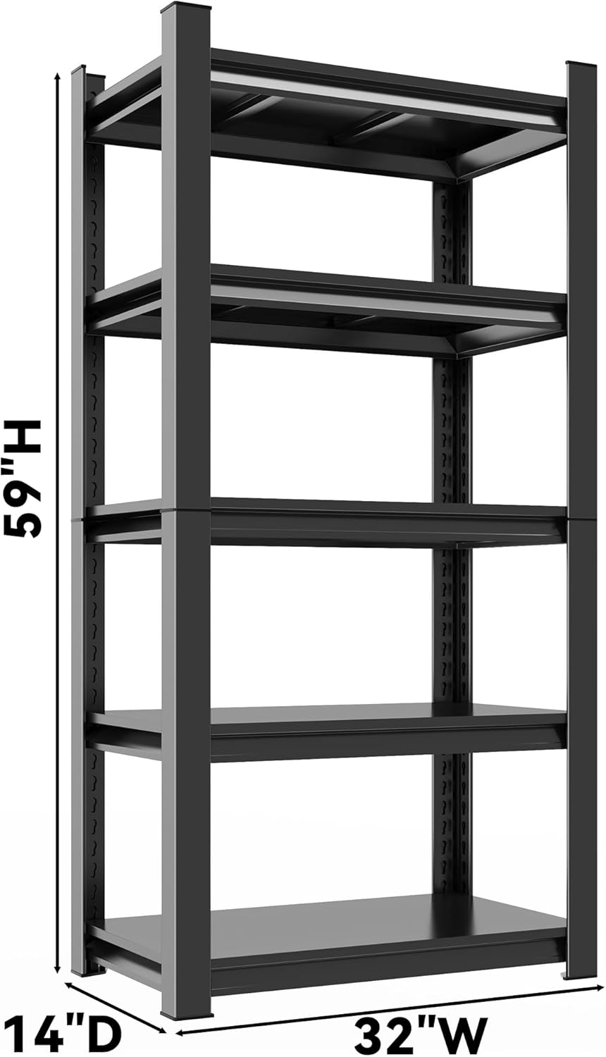 59" H Garage Shelving 3000LBS Capacity Heavy Duty Storage Shelves, Adjustable 5 Tier Metal Industrial Shelf for Kitchen, Utility Room, Warehouse and Basement,14" Dx32 Wx59 H, Black