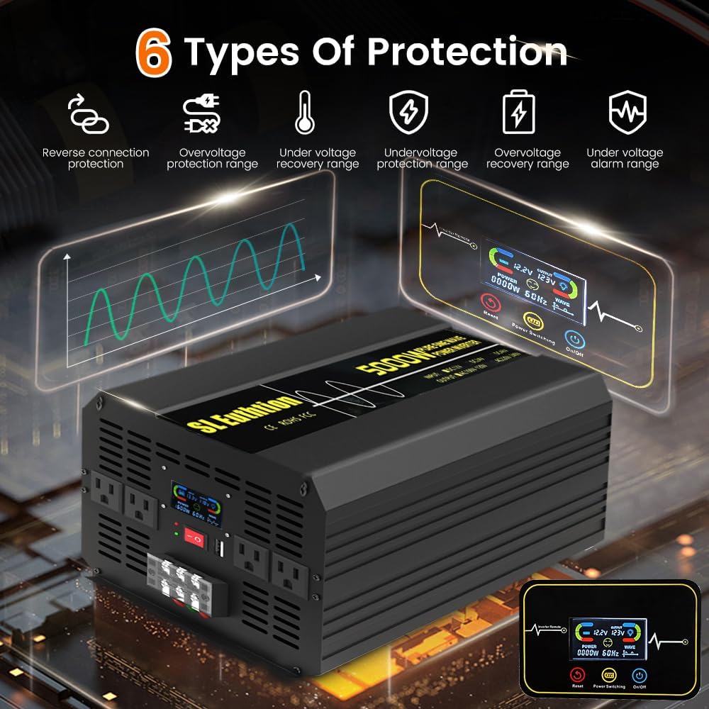 5000W/10000W(Peak) Pure Sine Wave Car Power Inverter 12V DC to 120V AC 60HZ with LCD Display, USB Port, Wireless Remote Control（10M) for Car Home Laptop Truck