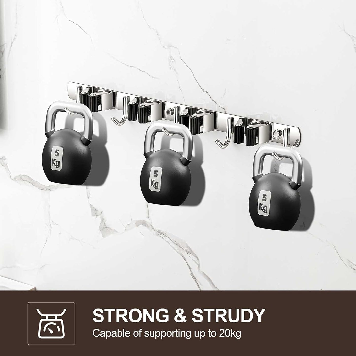 2 Pack Wall Mount, Stainless Steel Broom Hanger, Heavy Duty Mop and Broom Holder Tool Racks Utility Hooks for Laundry Room Garden Garage, Grey (4 Racks and 5 Hooks)