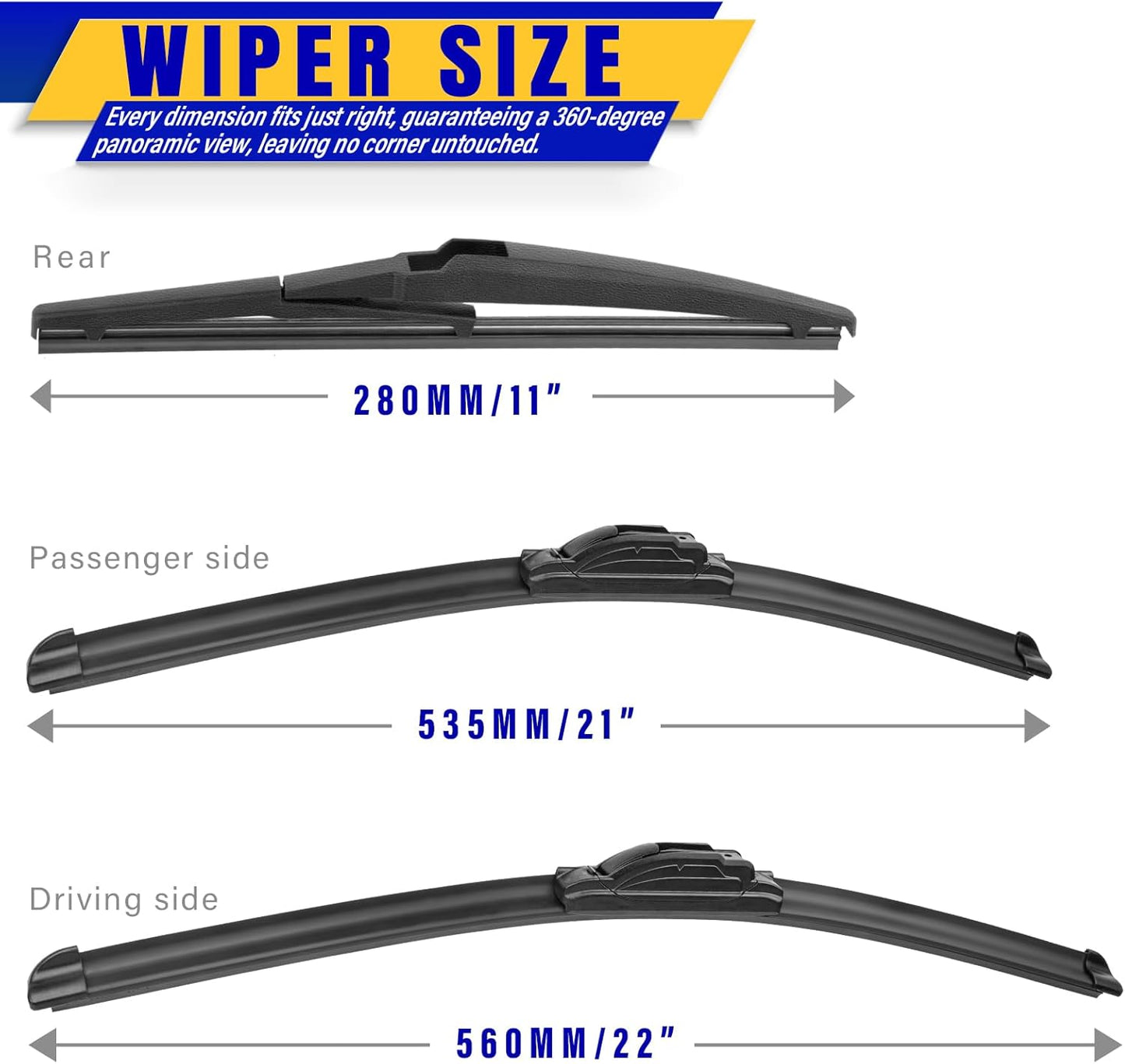 3 wipers Replacement for 2014-2021 Jeep Grand Cherokee, Windshield Wiper Blades Original Equipment Replacement - 22"/21"/11" (Set of 3) U/J HOOK
