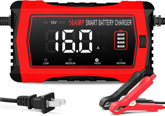 16 Amp Battery Charger, Car Battery Charger 6V 12V 24V Lithium,Lifepo4,Lead-Acid(AGM/Gel/SLA..),Battery Maintainer, Trickle Charger, and Battery Desulfator for Car,Boat,Motorcycle…