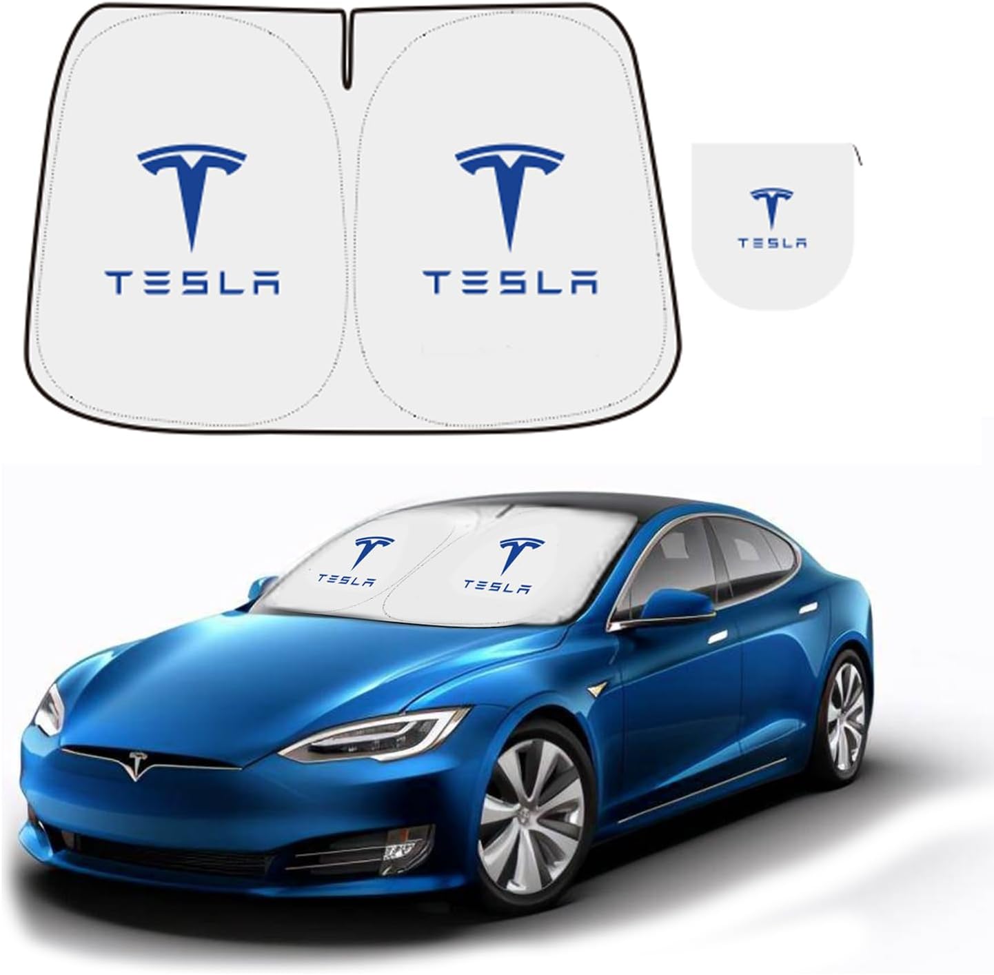 300T Sunshade for Tesla Model Y Model 3, Car Accessories 2025 for Tesla, Front Window Sunshade with Organizer Bag, Gifts for Tesla Owners (Blue)