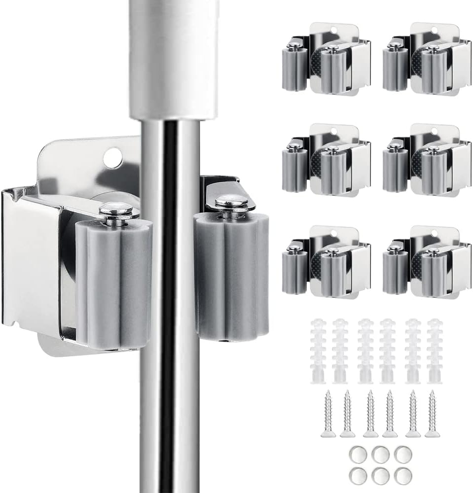 6PCS Broom and Mop Holder, Heavy Duty Garden Tool Organizer Rack Rake and Shovel Handle, Stainless Steel Mop Hanger. Wall Mounted Utility Rack with Screws, Silver.