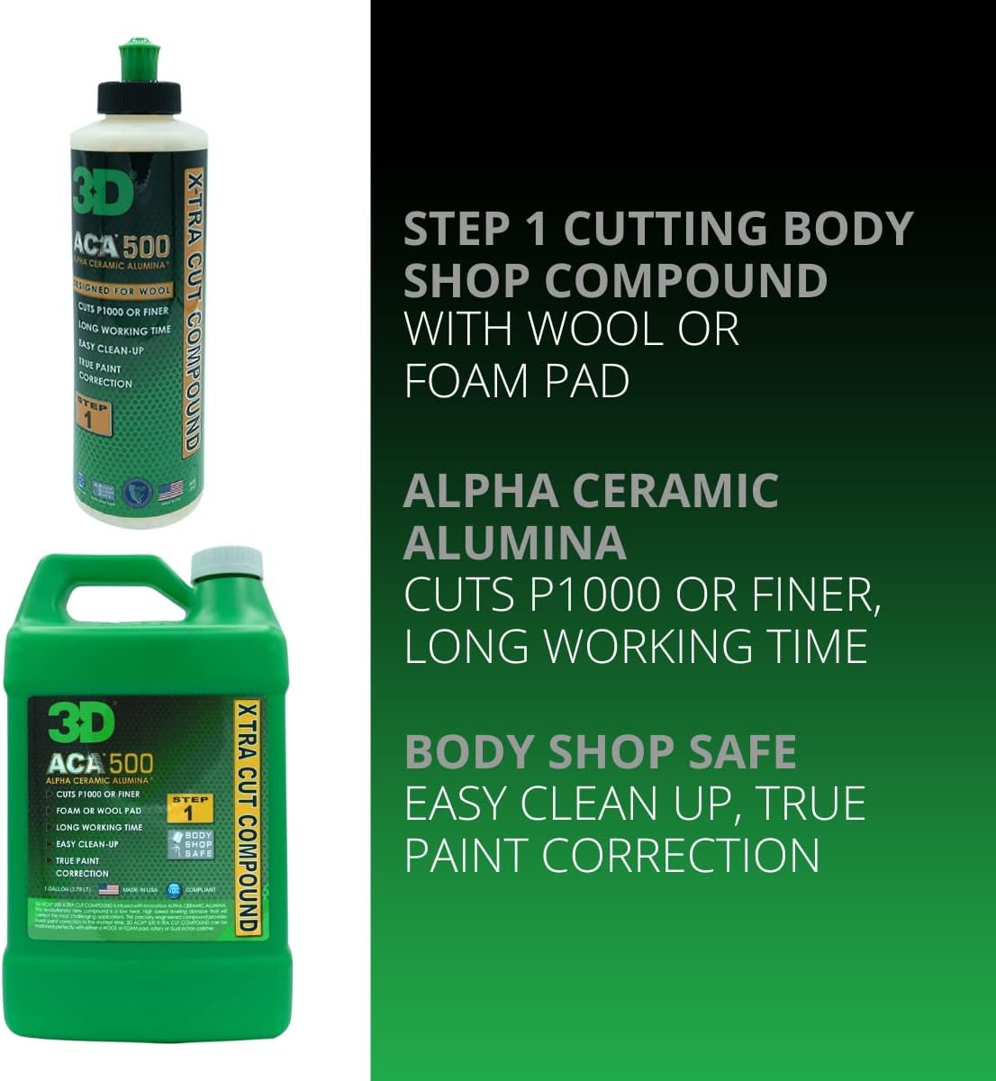 3D ACA 500 Cutting Compound – Step 1 Extra-Cut for Deep Paint Correction | Cuts P100 Grit or Finer | Body Shop Safe, Low Dust, Pro Detailer Formula | Made in USA - 8 oz