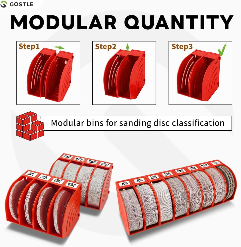 5 Inch Professional Sanding Discs Storage Bins - 8 Bins Set for Efficient Organization, Offset Snap-On Connection, Grit Classification, Space-Saving Design and Versatile Application, Red