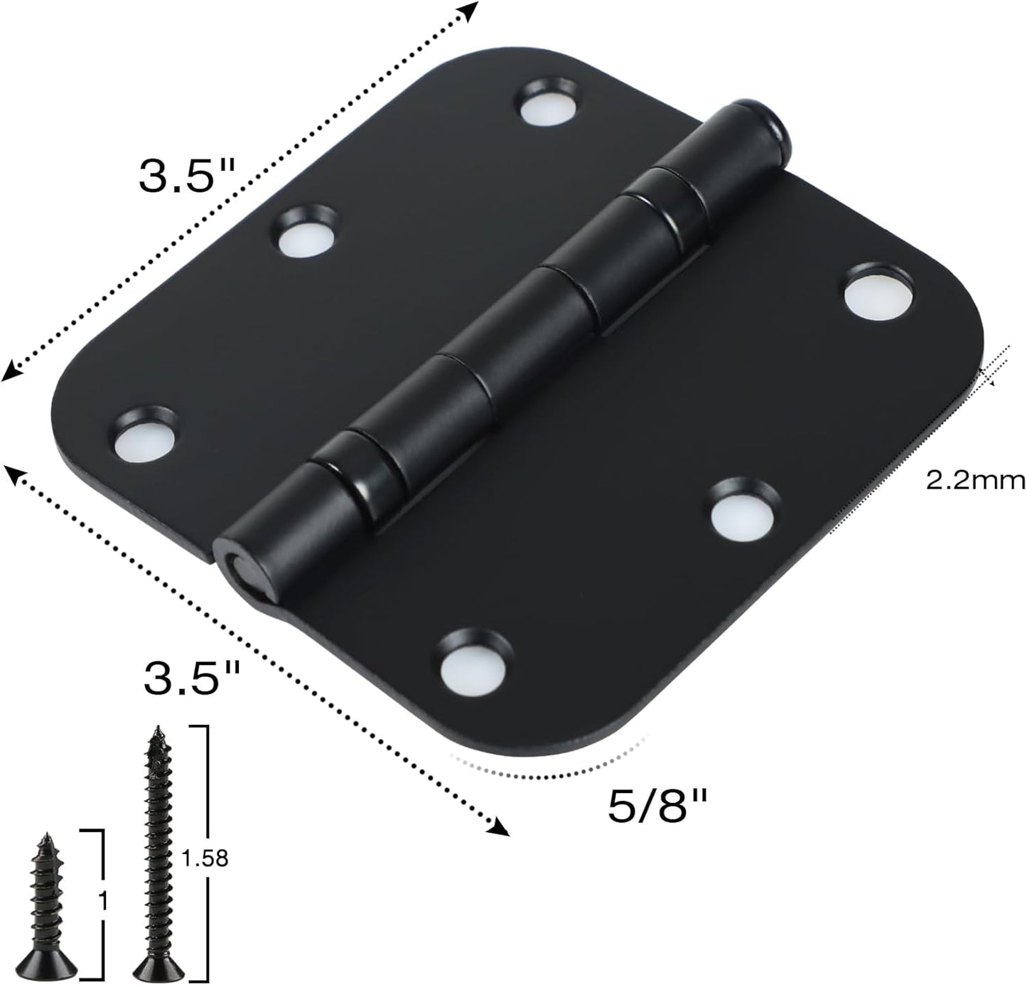12 Pack Anti Squeak Matte Black Door Hinges 3.5 Inch 5/8" Radius Round Ball Bearing Interior 3-1/2"Flat Bifold Standard Bedroom Indoor for Doors 3 ½" Hardware Essentials House Home Decor Accessories