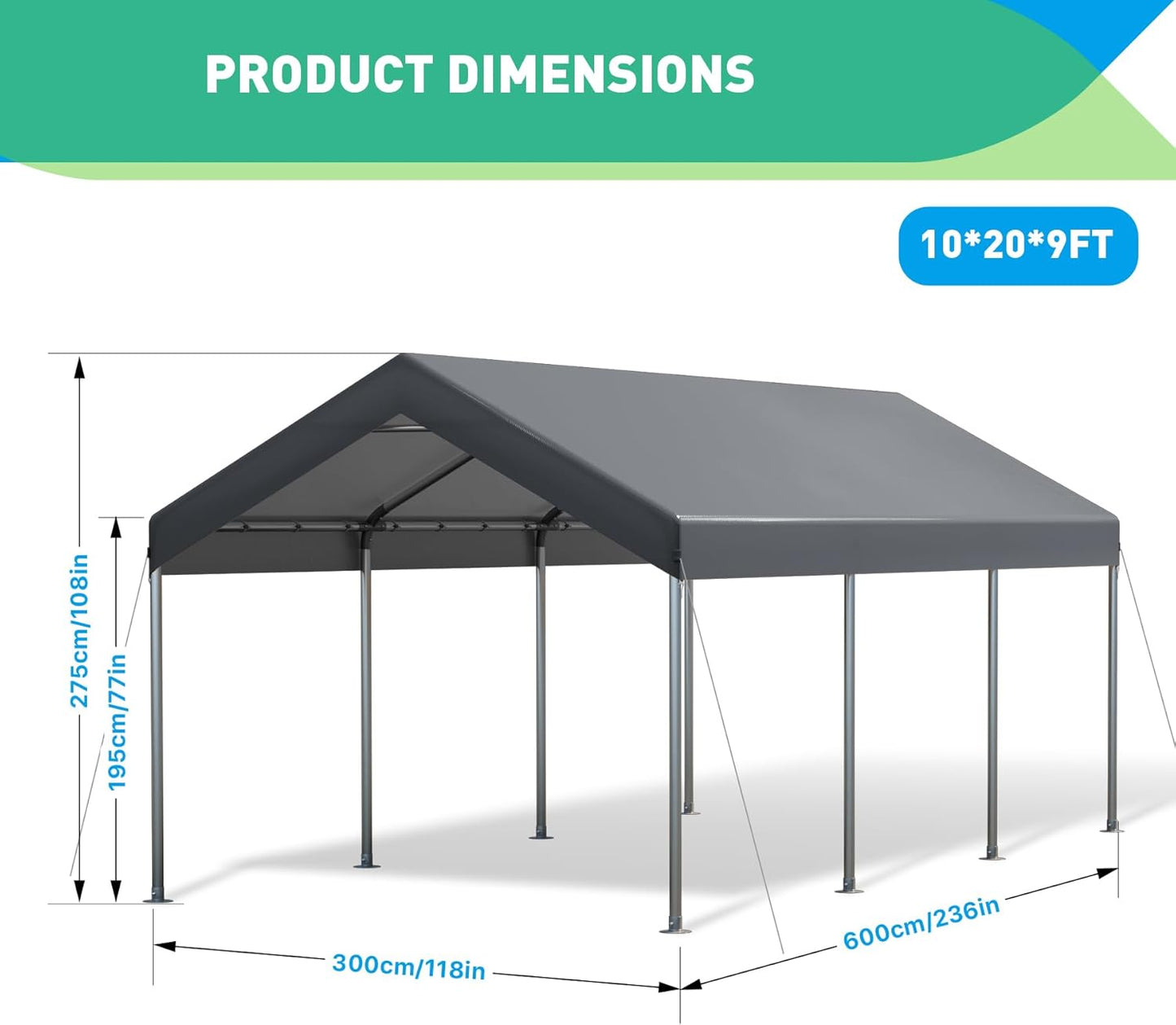 10X20 Ft Heavy Duty Carport Canopy, Portable Garage, Car Tents, Easy to Assemble, Reinforced Structure, with Hanging Edge, Applicable to Car, Bike, Boat, Party (Gray)