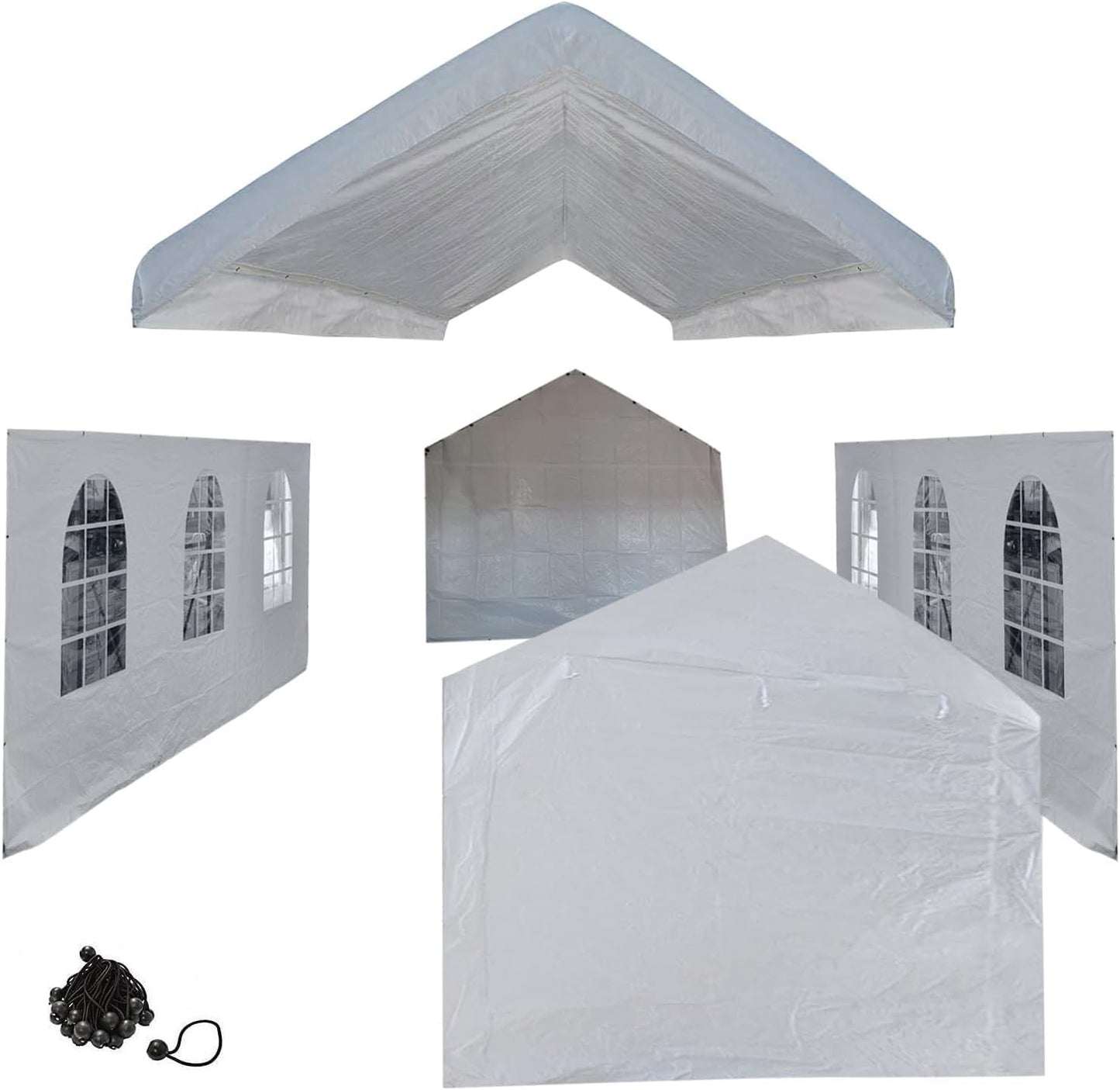 10x20 White Canopy Carport Cover Set with Valanced Top All 4-Side Walls and Top (5 Pcs Tarps Set, No Frame) Triple Side Windows