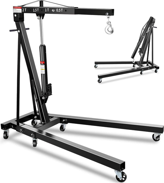 2-Ton Folding Engine Hoist, Hydraulic Shop Crane with 6 Swivel Wheels & Adjustable Boom (0.5T-2T), Heavy-Duty Cherry Picker for Garage, Workshop, Truck, Farm (Net Wt. 157 lbs)