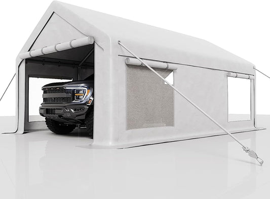12 x 20ft Heavy-Duty Carport Canopy with Roll-Up Windows & DoorsThickened Wind Ropes, Ground Nails, Portable Car Tent Garage for Cars, Trucks, Boats, 180G Durable Tarp Cover,White
