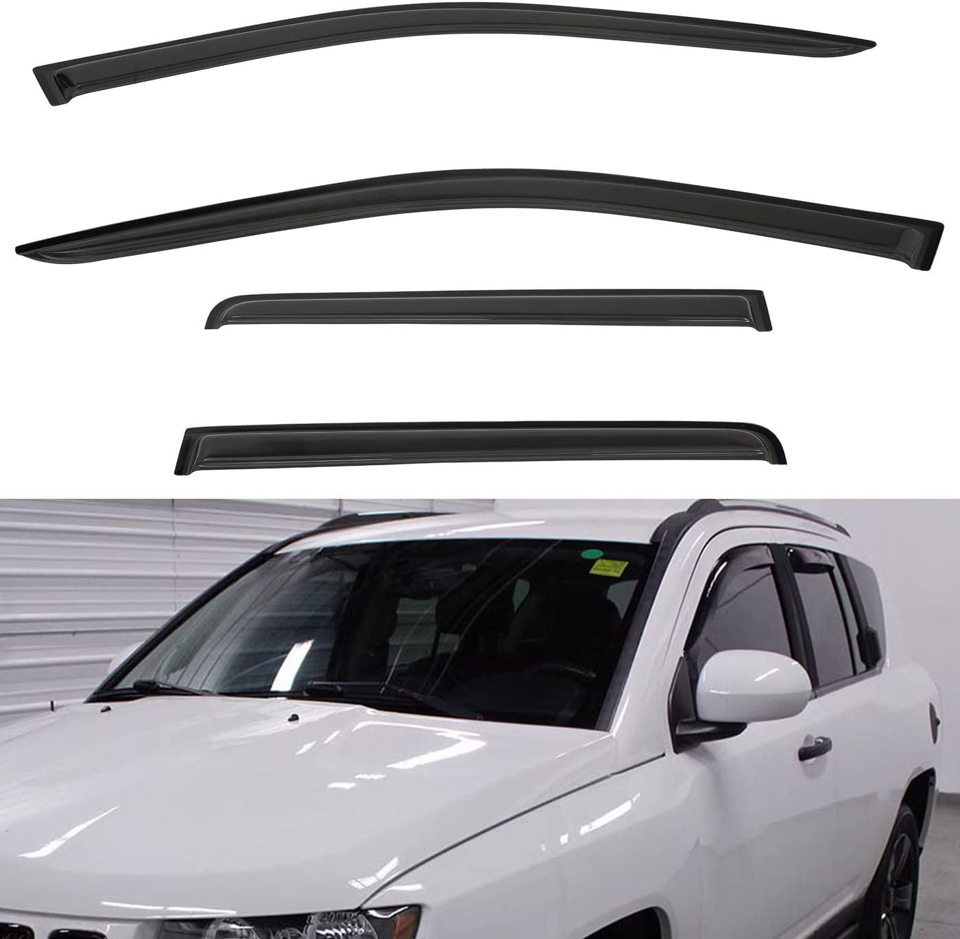 4pcs Front+Rear Smoke Tint Sun/Rain Guard Outside Mount Tape-On Vent Window Visors Compatible with 11-16 Compass 17 MK Old Body