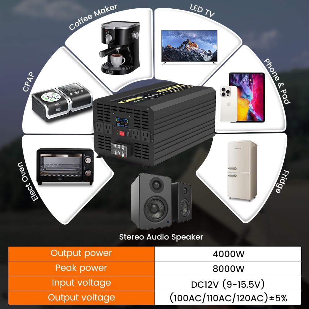 4000W Pure Sine Wave Power Inverter 12V DC to 120V AC 60HZ with LCD Display, USB Port, Wireless Remote Control（10M）, Solar, Outdoor