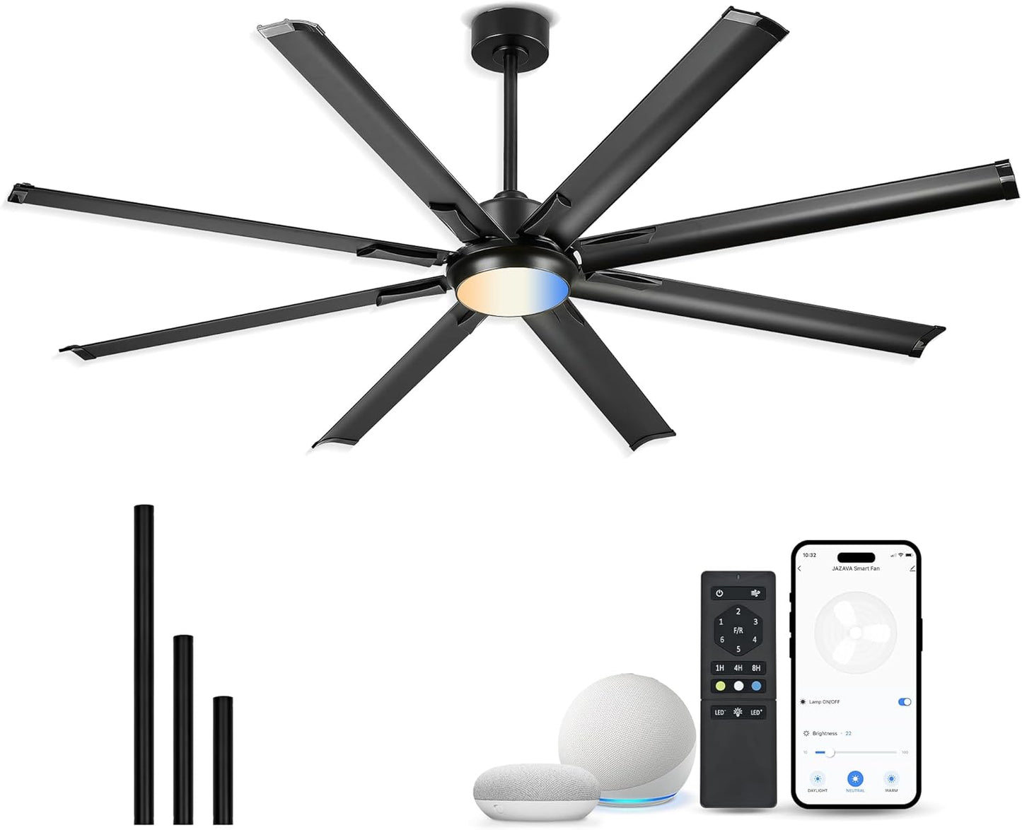 72 Inch Ceiling Fan With Light,Industrial Ceiling Fan With 8 Aluminium Metal Blades,Smart Fan Work with Alexa,Garage Indoor/Outdoor Fan For Living Room and Patio,CF04BK-72