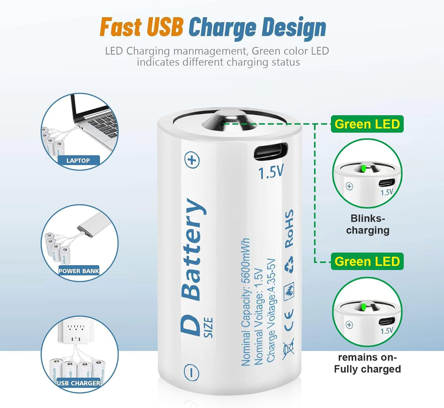 1.5V D Size Cell Battery for Flashlight Toys & floodlight,Lithium D Batteries Rechargeable 8 Pack, Rechargeable D Size Batteries with USB-C 4 in 1 Charging Cable.