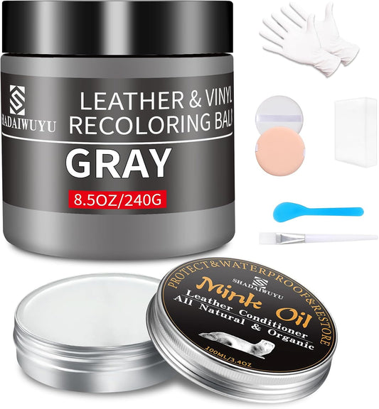 8.5oz Leather Recoloring Balm with 100ml Mink Oil,Gray Leather Repair kit for Furniture and Car Interior,Leather Couch Scratch Repair,Leather Dye Paint,Mink Oil for Leather