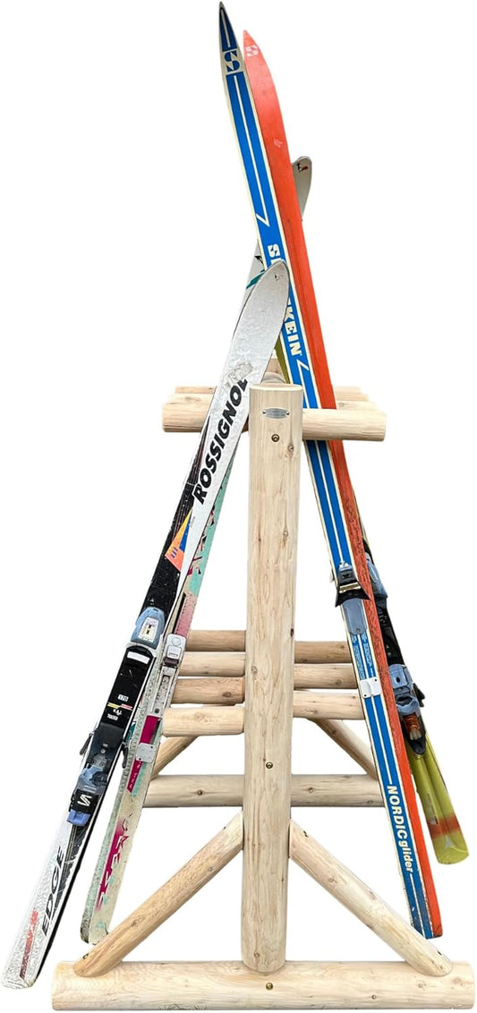 8-Place Freestanding Log Ski Rack Holder, Indoor & Outdoor Snowboard Racks, Standing Storage, Garage Racks for Snow Skis, Durable Snowboard Rack Garage Storage Organizer - Natural + 15" Anchor Kit