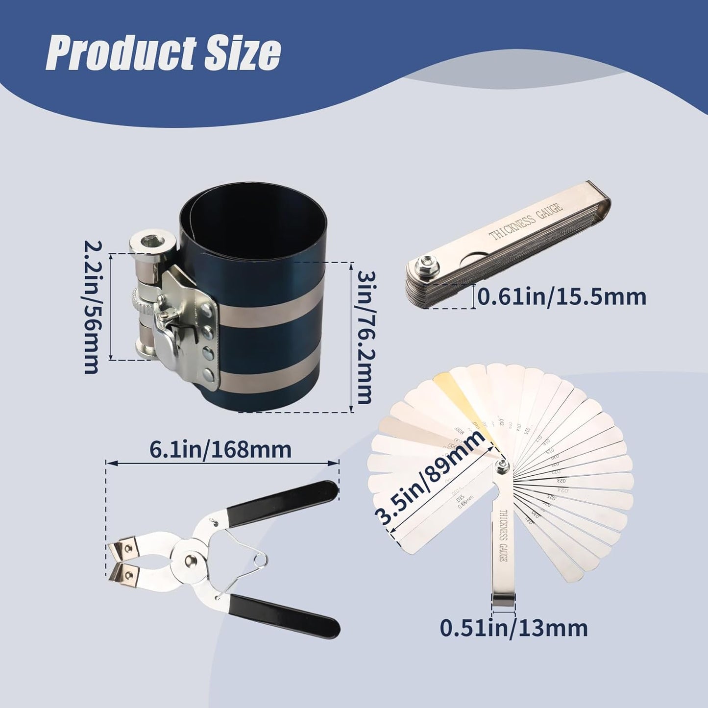 3 Inch Piston Ring Compressor Tool Car Engine Piston Ring Installer Removal Kit for Car Engine with Piston Installer Plier and Stainless Steel Feeler Gauge