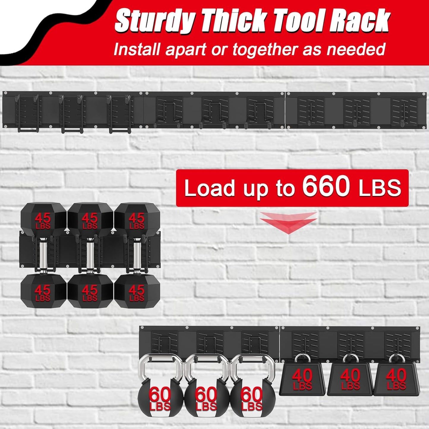 48 Inches Garage Organization,Wall Mount Garden Tool Organizer,660lbs Adjustable Heavy Duty Metal Hanging Hooks, Garden Tool Hangers Storage Rack for Garage, Yard, and Shed (3 Racks, 9 Hooks)